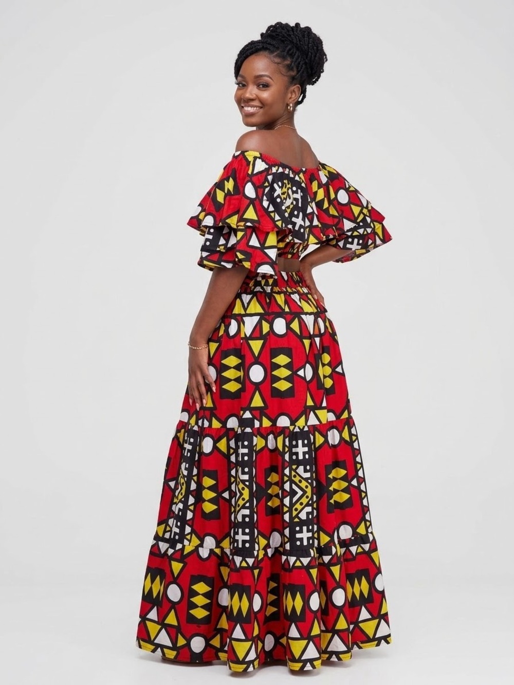 NWOT African Print 2 Piece Set Off Shoulder Crop Top High Waist Maxi Skirt M